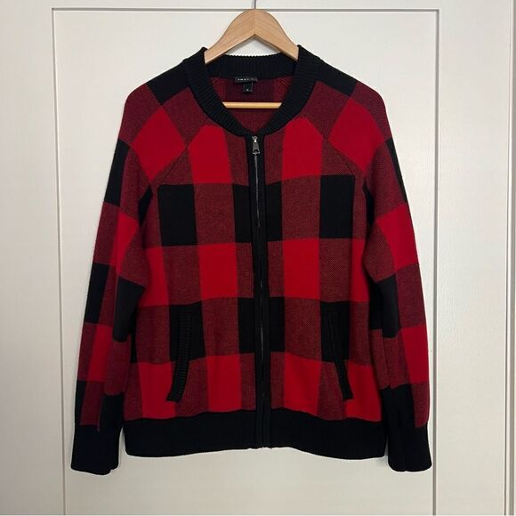 Torrid Red Plaid Long Sleeve Raglan Bomber Cardigan Zip Sweater Size 0 Large - Picture 1 of 13